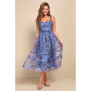 Lulus Sincerely Enchanting Periwinkle Floral Print Organza Midi Dress Prom